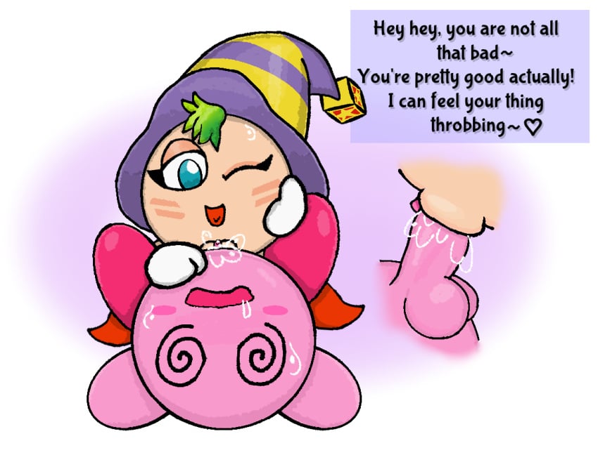 1boy 1girls 2024 anonymous_artist balls drool drooling duo female female_on_top green_eyes gryll kirby kirby_(series) kirby_super_star_stacker male nintendo one_eye_closed penetration penis pink_body pussy sex spiral_eyes sweat text vaginal_penetration waddling_head witch witch_hat