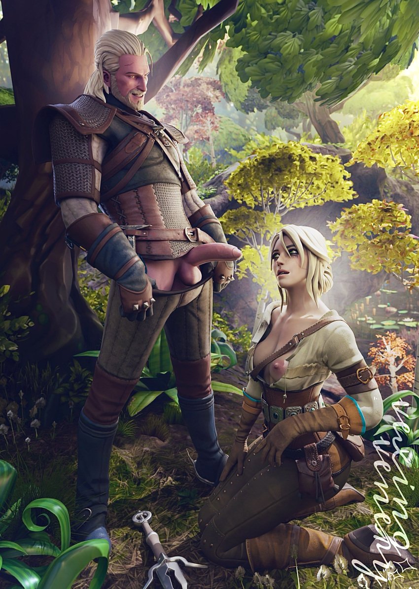 3d balls breasts cd_projekt_red ciri ciri_(fortnite) female forest fortnite freckles geralt_of_rivia green_eyes imminent_oral kneeling_oral_position light-skinned_female light-skinned_male looking_at_partner male mascara mascara_tears nipples outdoors penis precum scar sword testicles the_witcher_(series) the_witcher_3:_wild_hunt vexingvenery white_hair