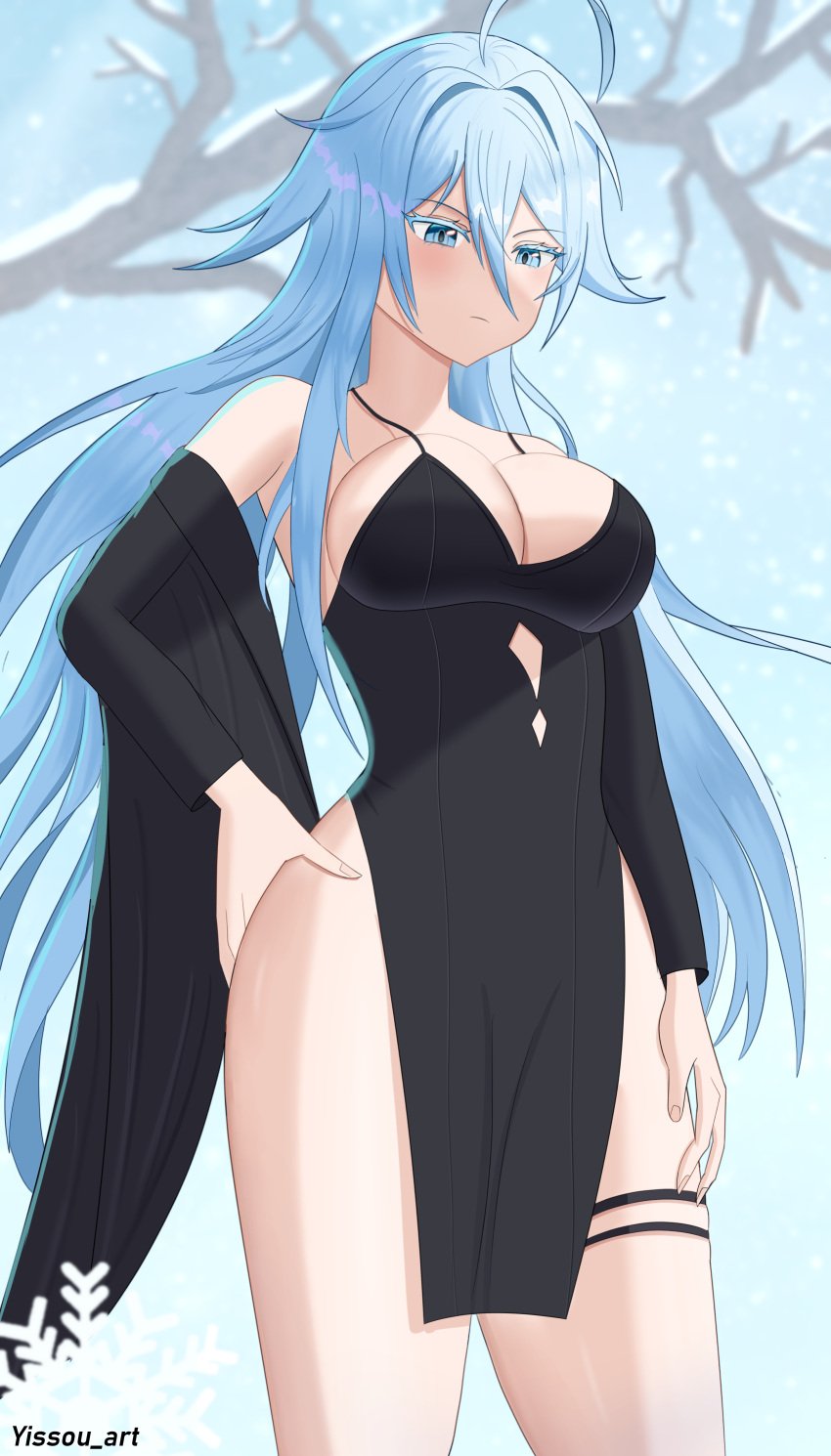 absurdres artist_name azur_lane bare_shoulders black_dress blue_eyes blue_hair breasts cleavage cowboy_shot dress female from_below highres large_breasts long_sleeves pelvic_curtain simple_background snow snowing solo sovetsky_soyuz_(azur_lane) thick_thighs thighs tree yissou_art