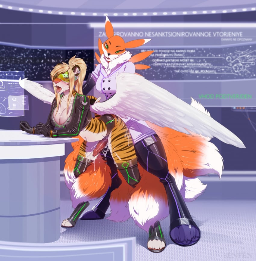 anthro azazial canid canine cum dickgirl digimon digimon_(species) felid fox fucked_silly futa_on_futa futanari hi_res intersex kohaku_sunwalker mammal multi_tail pantherine renamon tiger wings xngfng95