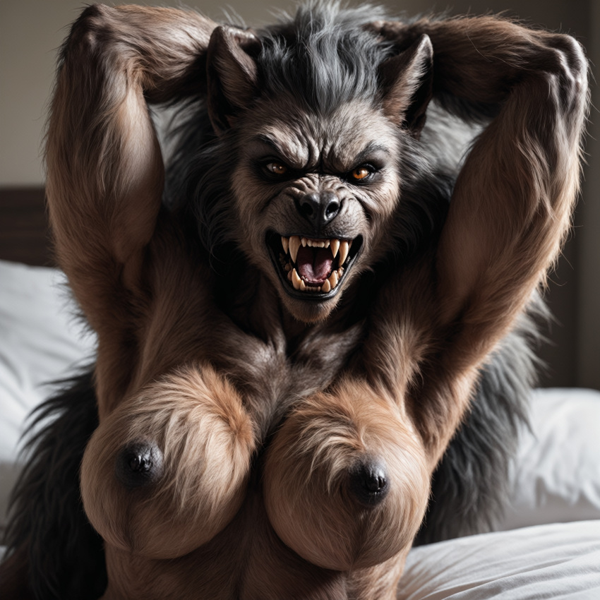 ai_generated angry angry_face anthro armpits arms_behind_head arms_up bed breasts canid canine fangs freekhitman furry hyperrealistic in_bed mammal nipples nude photorealism photorealistic realistic snarling solo tagme werewolf werewolf_girl wolf wolf_girl