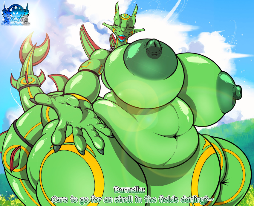 2024 5_fingers absurd_res alternate_version_at_source anthro areola artist_logo biped closed_eyes darnella_(kaithunderstone75) dialogue english_text female fingers generation_3_pokemon green_areola green_body green_nipples hi_res kaithunderstone75 legendary_pokemon logo mature_anthro mature_female montgomery_glands navel nintendo nipples nude open_mouth open_smile outside pokemon pokemon_(species) pokemorph rayquaza slightly_chubby slightly_chubby_anthro slightly_chubby_female smile solo text thick_thighs