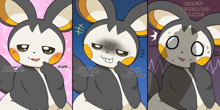 2:1 3_fingers ambiguous_gender big_ears black_body blue_background bodily_fluids cheek_spots colored cute_expression cute_eyes dialogue digital_drawing_(artwork) digital_media_(artwork) duo ears_down emolga feral feral_only fingers generation_5_pokemon heartbeat hi_res imminent_sex laugh looking_at_viewer male nintendo on_model open_mouth penis_shadow pink_background pivoted_ears pokemon pokemon_(species) profanity purple_background shaded shocked shocked_expression simple_background smile smug smug_face sweat tail teasing text touching_face white_body winged_arms wings yellow_cheeks zlut385