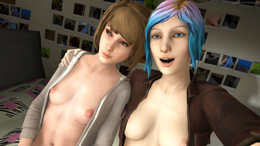 2girls 3d absurdres areolae breasts chloe_price female female_only highres justausernamesfm life_is_strange looking_at_viewer max_caulfield nipples open_mouth selfie source_filmmaker