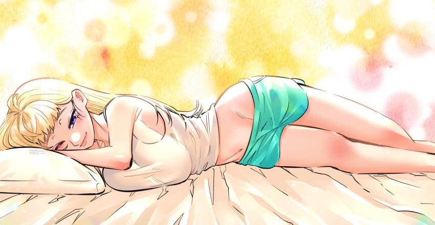 1girls aqua_shorts armpit_crease blonde_hair blue_eyes blush breast_press breasts dosanko_gal_wa_namara_menkoi female hair_behind_ear highres ikada_kai large_breasts long_hair looking_at_viewer lying minami_fuyuki navel on_side one_eye_closed pillow short_shorts shorts shounen_jump+ smile solo tank_top white_tank_top