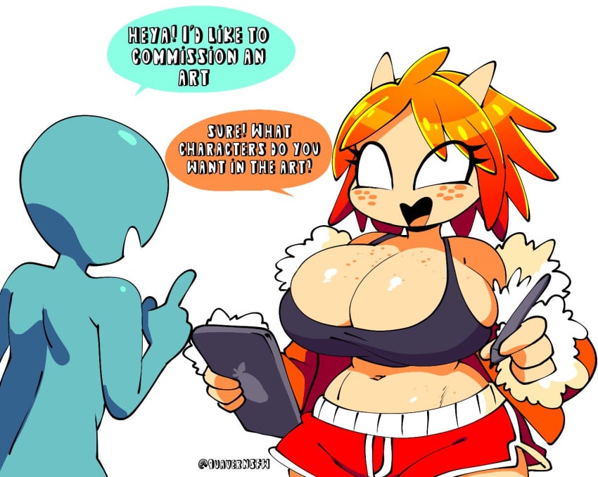 1boy 1girls female happy holding_pen holding_tablet huge_breasts looking_at_another male mango_quaver_(female) oc original original_character quavernsfw shorts sweater talking_to_another thick_thighs