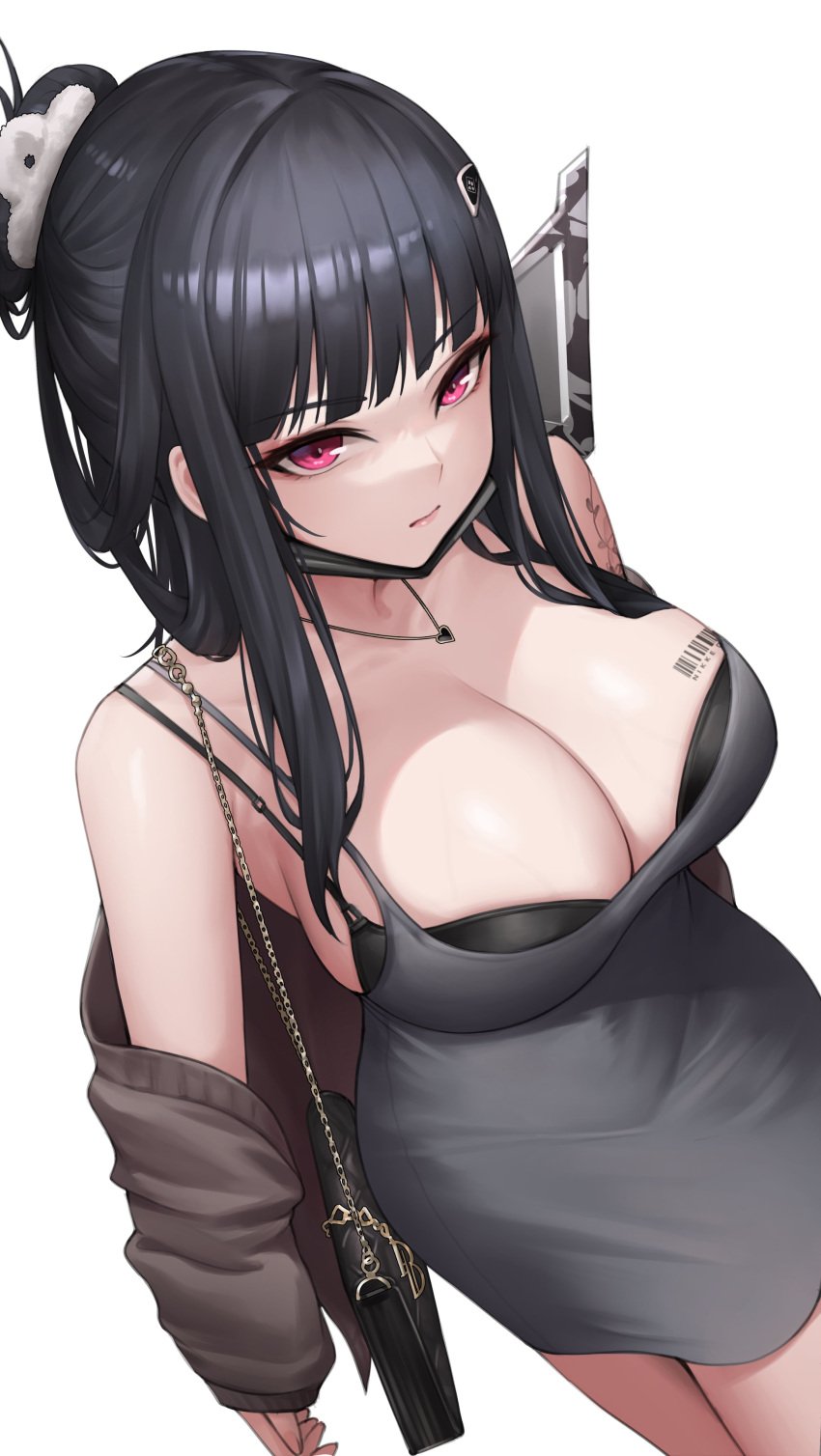 1girls barcode_tattoo black_hair bra_cups_sticking_out breast_tattoo breasts cleavage d_(killer_wife)_(nikke) d_(nikke) dress female goddess_of_victory:_nikke hair_ornament hi_res huge_breasts jewelry kuronerinka light-skinned_female light_skin long_hair red_eyes simple_background