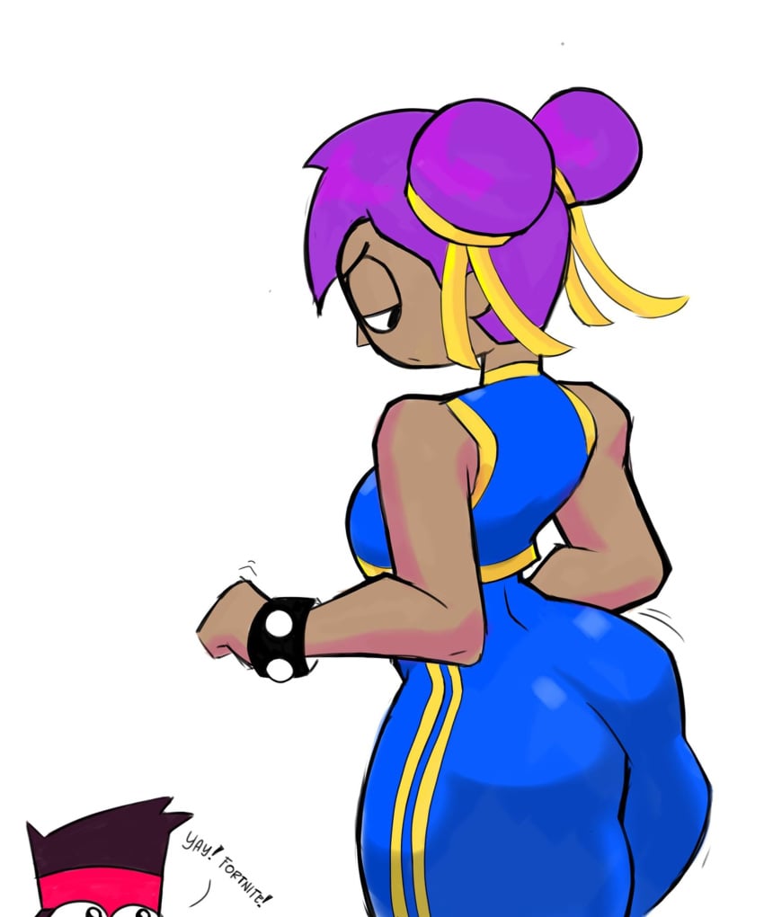 -1boy breasts chun-li_(cosplay) cosplay dark_skin enid enid_(ok_k.o.!_lbh) hair_buns looking_down looking_down_at_viewer muscular_female muscular_thighs ok_k.o.!_let's_be_heroes purple_hair street_fighter tan-skinned_female tan_skin whermit