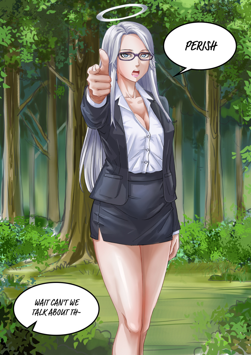 agents_of_dawn albyeee angel angela_white_(agents_of_dawn) battle cleavage dialogue glasses halo pointing_at_viewer pov skirt white_hair white_shirt