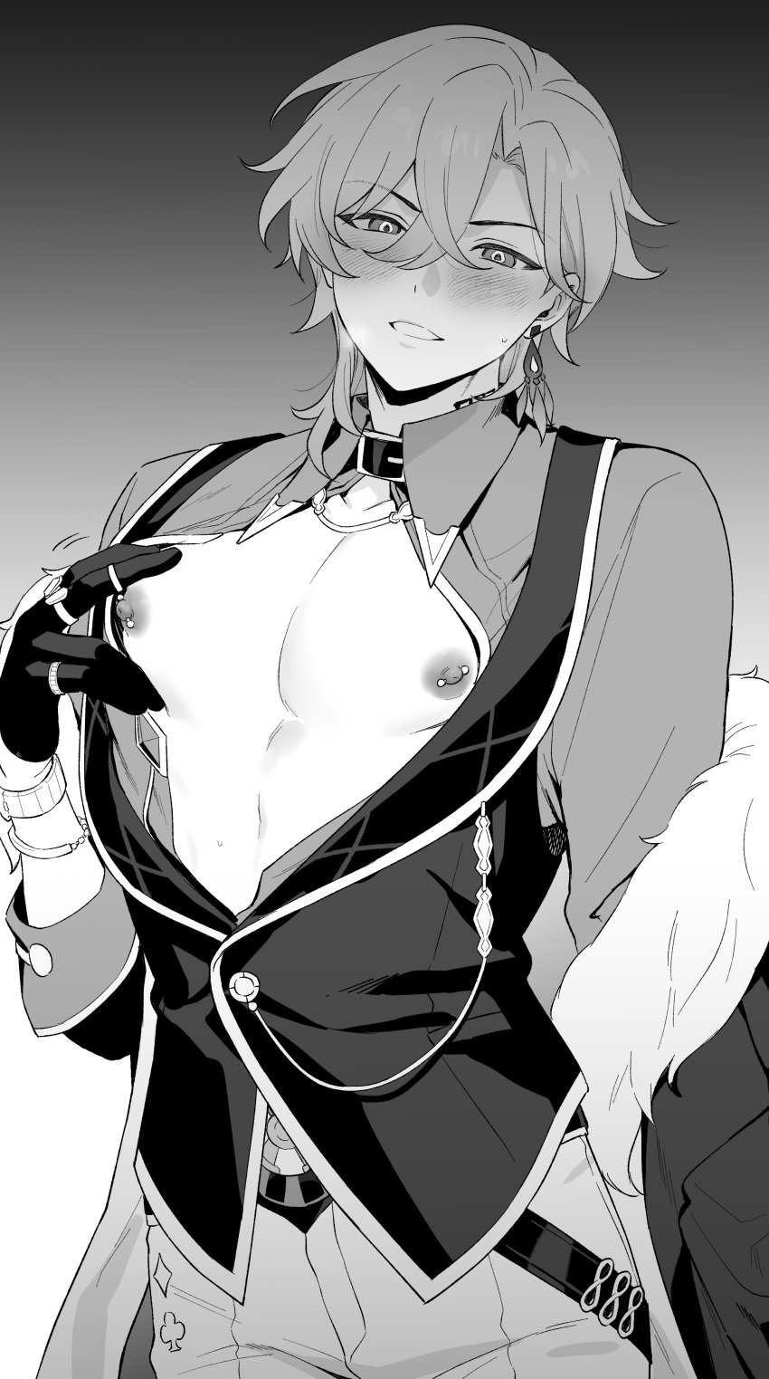 1boy aventurine_(honkai:_star_rail) blush earrings greyscale hachiten honkai:_star_rail honkai_(series) looking_at_viewer male_only monochrome nipple_piercing nipples short_hair