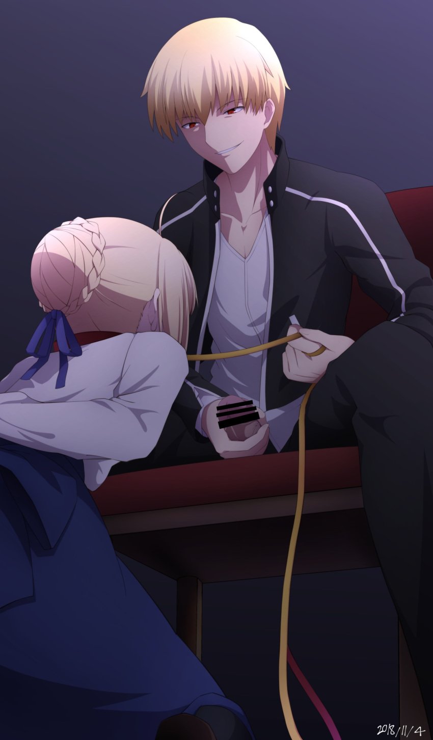 absurdres accurate_art_style arm_behind_back arms_behind_back arms_tied arms_tied_behind_back artoria_pendragon artstyle_imitation assertive_male bar_censor black_jacket black_pants blonde_hair blue_ribbon blue_skirt braided_bun captured captured_heroine censored collar collarbone dated defeat defeated defeated_heroine dominant_male domination dress_shirt fate/stay_night fate_(series) femsub from_below gilgamesh gilgamesh_(fate) grin hair_ribbon highres imminent_rape imminent_sex jacket kneeling leash leash_and_collar long_skirt long_sleeves maledom official_style open_clothes open_jacket pants penis pikoguramyu red_eyes ribbon shirt short_hair sitting skirt smile submissive submissive_female white_shirt