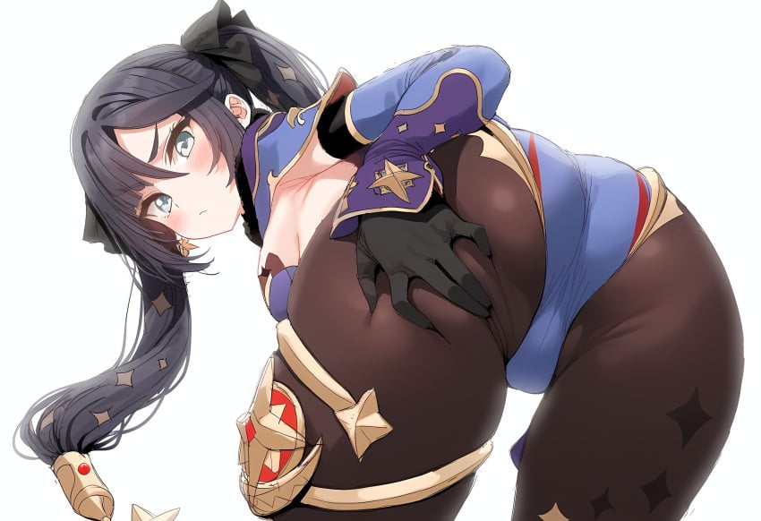 1girls ai_generated ass black_hair breasts dat_ass female genshin_impact green_eyes huge_ass leotard light-skinned_female light_skin long_hair mimi_ai mona_(genshin_impact) stable_diffusion twintails