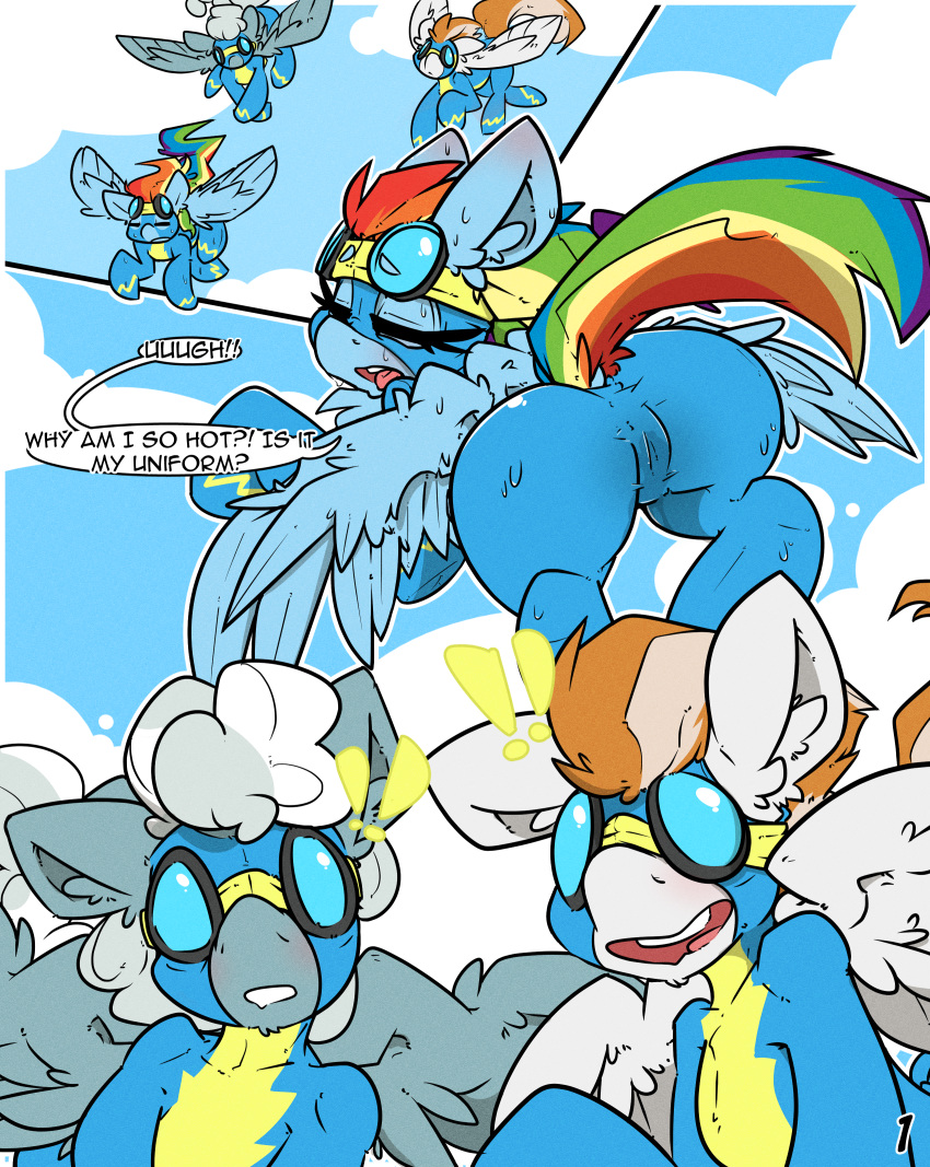 ! absurd_res bbsartboutique camel_toe comic equid equine female feral fire_streak_(mlp) friendship_is_magic group hi_res male mammal my_little_pony pterippus rainbow_dash_(mlp) silver_lining sweat