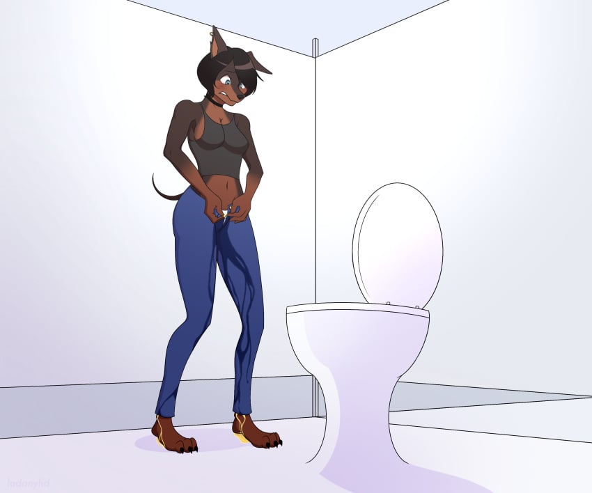 absurd_res anthro bathroom bodily_fluids bottomwear canid canine canis clothing denim denim_bottomwear denim_clothing domestic_dog female genital_fluids hi_res humiliation jeans mammal omorashi pants peeing peeing_on_ground peeing_on_self public public_restroom reallytiredfox restroom_stall solo solo_focus toilet urine urine_on_ground urine_on_self urine_stain watersports wet wet_clothing wetting