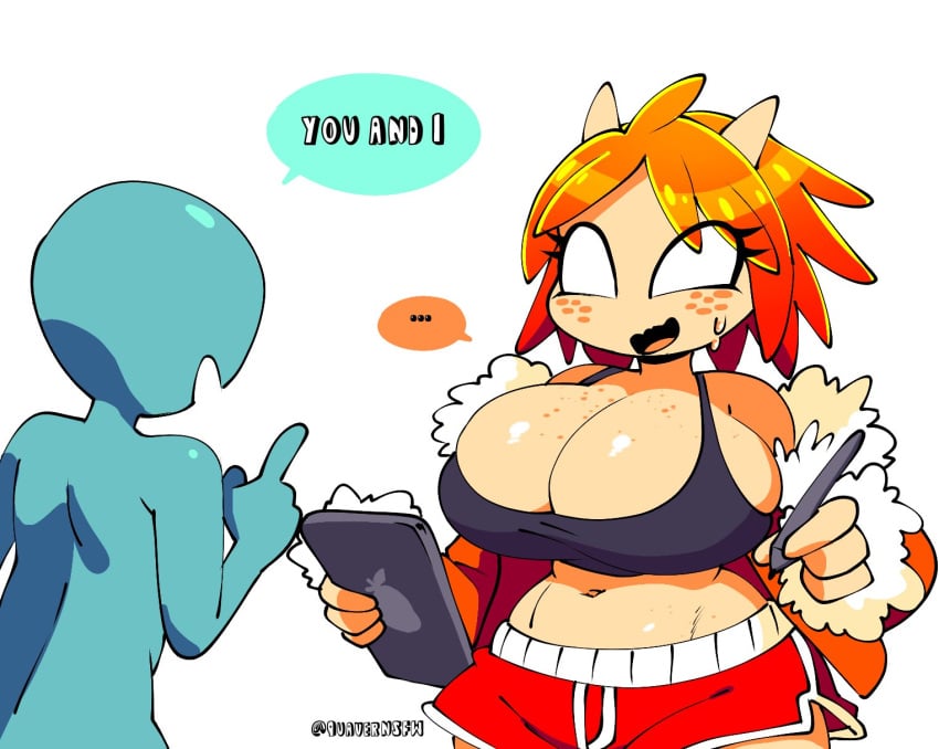 bra embarassed huge_breasts mango_quaver_(female) oc original original_character quavernsfw shocked sweater_lift tagme talking_to_another