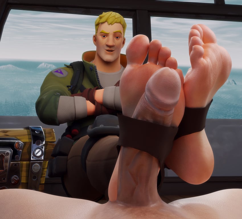 2boys 3d 3d_(artwork) artist_upload barefoot big_feet big_penis blonde_hair crossed_arms crossed_legs feet foot_fetish foot_focus footjob fortnite fortnite:_battle_royale gay jonesy_(fortnite) looking_at_viewer male male_only mrgtsfloop nude_male_clothed_male penis pov raised_eyebrow smug soles staring staring_at_viewer stirrup_socks treasure_chest