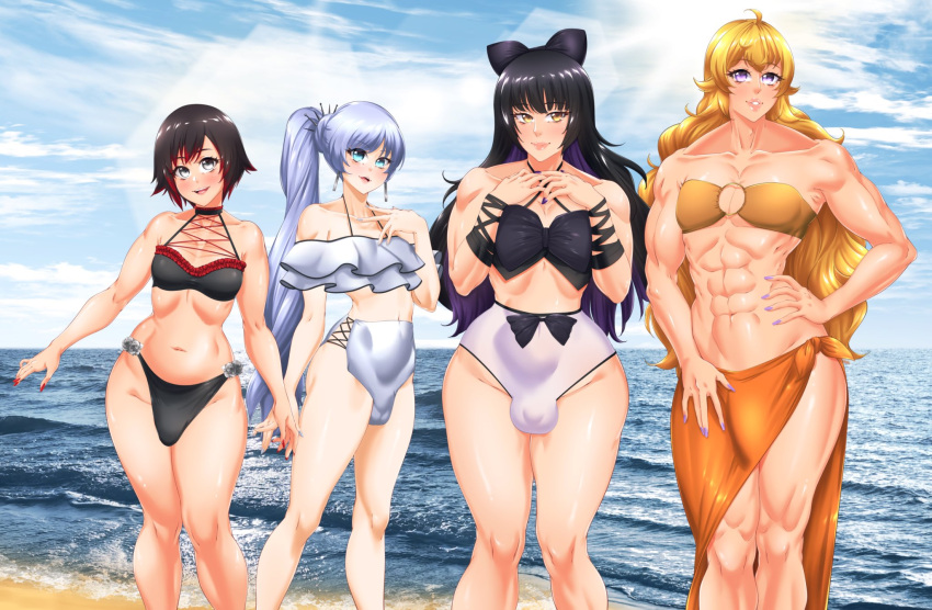 4boys ambush_(trap) beach bikini black_hair blake_belladonna blonde_hair blue_eyes brothers bulge curly_hair femboy genderswap_(ftm) male male_only multiple_boys purple_eyes red_hair rooster_teeth ruby_rose rule_63 rwby silver_eyes suiren_ciao swimsuit team_rwby weiss_schnee white_hair yang_xiao_long yellow_eyes