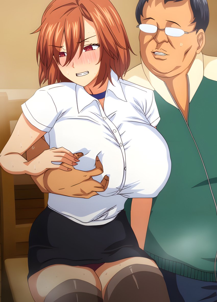 1boy 1girls big_breasts blush breast_grab breasts brown_hair cheating cheating_wife clenched_teeth clothed clothing eyebrows eyelashes fat_man female fit_female glasses grabbing grabbing_from_behind hand_on_breast huge_breasts indoors large_breasts legs legs_together legwear looking_down male massive_breasts milf netorare no_waifu_no_laifu ntr panties queen_bee_(animation_studio) red_eyes screencap screenshot shirt short_hair short_skirt sitting skirt stitched sweat sweatdrop sweating sweaty_body thick_thighs thighhighs thighs underwear voluptuous voluptuous_female white_shirt