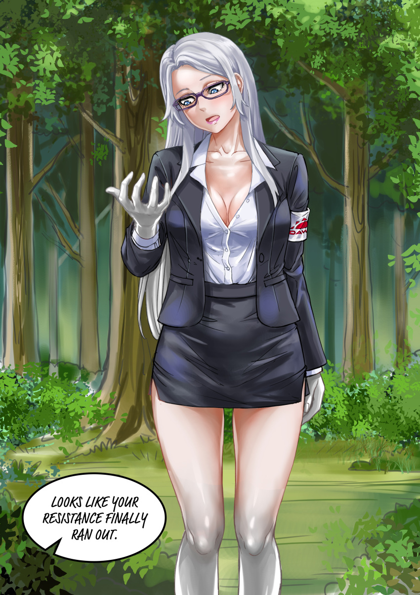 agents_of_dawn albyeee angel angela_white_(agents_of_dawn) battle cleavage dialogue glasses panic peril petrification pov skirt white_hair white_shirt