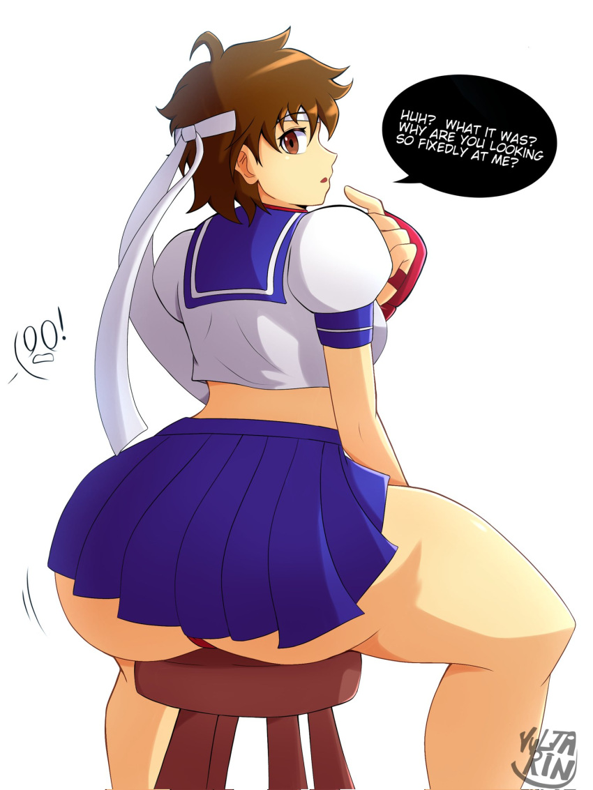 1girls asking_a_question ass big_ass breasts brown_hair curious dialogue panties sakura_kasugano sitting sitting_on_chair skirt street_fighter tomboy yultarinn