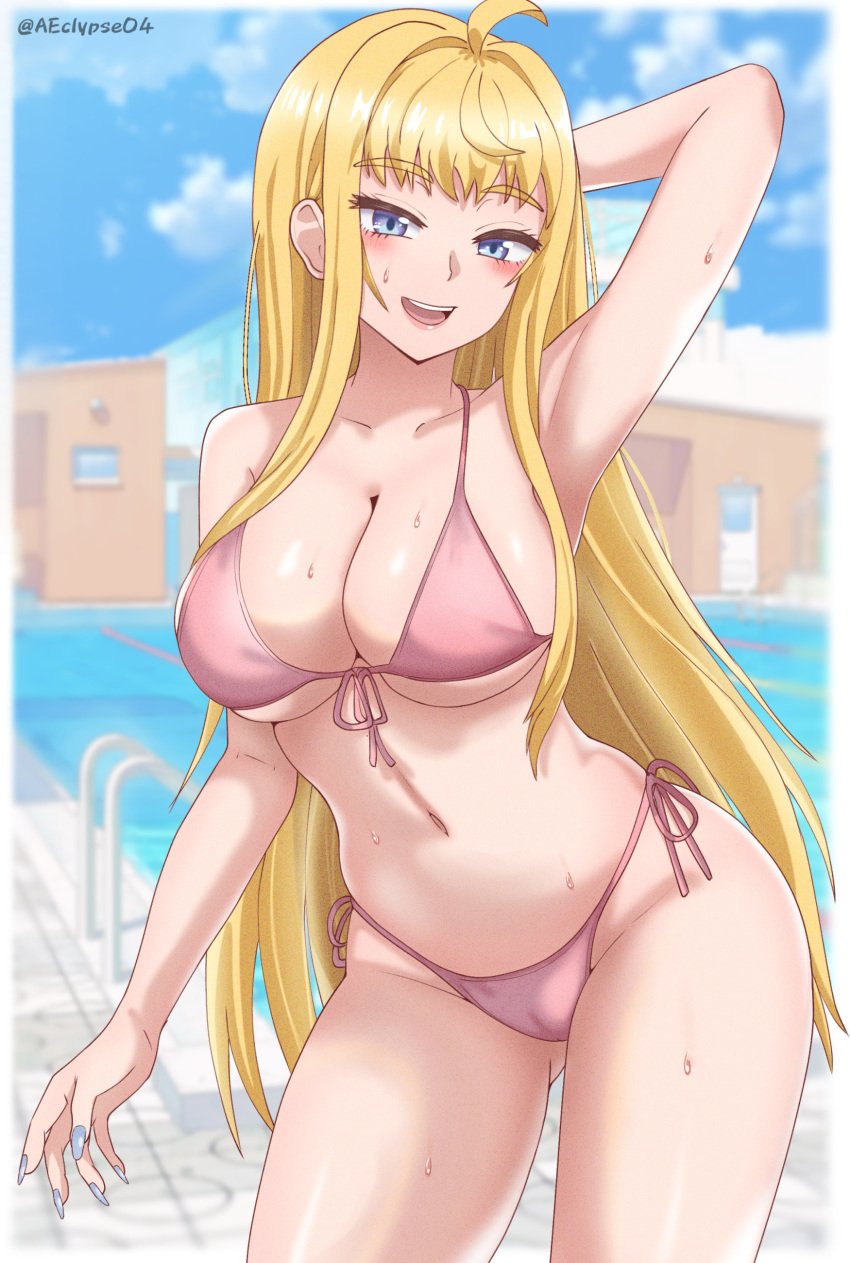 absurdres ahoge arm_behind_head arm_up armpits artist_request bare_arms bare_shoulders bikini blonde_hair blue_eyes blue_nails blue_sky blush border breasts building cloud commentary contrapposto cowboy_shot day dosanko_gal_wa_namara_menkoi eclyart female front-tie_bikini_top front-tie_top gluteal_fold halterneck highres large_breasts long_hair looking_at_viewer minami_fuyuki nail_polish navel open_mouth outdoors outside_border pink_bikini pool pool_ladder poolside shounen_jump+ side-tie_bikini_bottom sky smile solo source_request standing stomach swimsuit teeth tongue twitter_username underboob upper_teeth_only very_long_fingernails very_long_hair water wet white_border