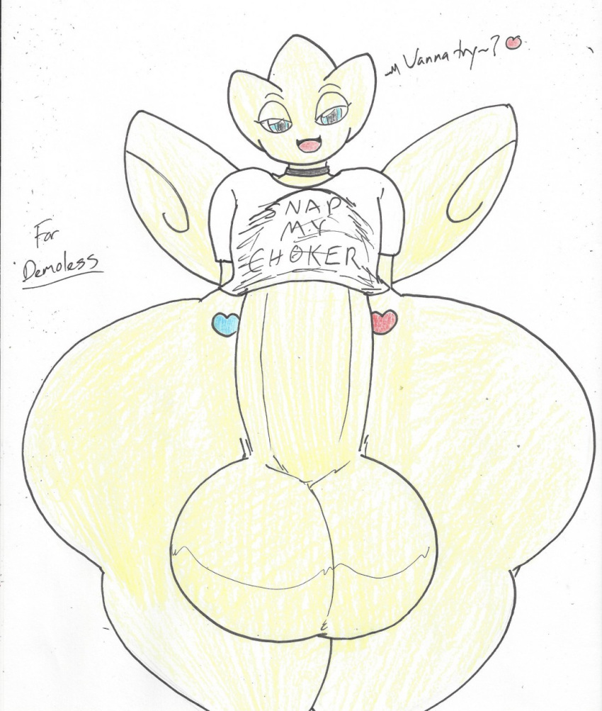 balls big_balls big_penis bottomless chasey_ultra_beast_goodra choker clothed clothing collar dialogue english_text generation_2_pokemon genitals hi_res huge_balls huge_cock hyper hyper_balls hyper_genitalia hyper_penis jewelry male necklace nintendo partially_clothed penis pokemon pokemon_(species) shirt simple_background solo text thick_thighs togetic topwear wolfespada