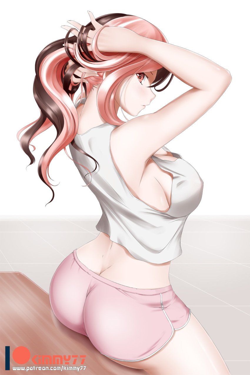 alternate_costume ass ass_cleavage bare_arms bare_legs bare_shoulders blush breasts brown_hair butt_crack cleavage erect_nipples female female_only kimmy77 large_breasts long_hair looking_at_viewer looking_back midriff multicolored_hair neck neo_(rwby) parted_lips pink_eyes pink_hair pink_shorts ponytail rwby short_shorts shorts sideboob sitting sitting_on_table solo table tank_top two_tone_hair tying tying_hair white_background white_tank_top