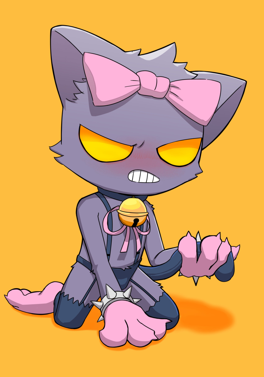 1boy absurd_res bell bell_collar blush bow_ribbon bracelet bulge cat_paws collar embarassed furry garter_belt garter_straps girly hi_res jewelry league_of_legends male no_pupils orange_background pwslz riot_games shaded simple_background solo spiked_bracelet spikes veigar yellow_sclera yordle