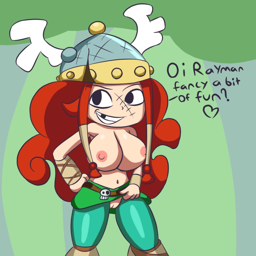 barbara_(rayman) big_breasts bottomwear breasts english english_dialogue english_text female flashing headgear helmet human iggy-bomb nipples rayman_(series) rayman_legends red_hair shortstack text thick_thighs thighhighs topless