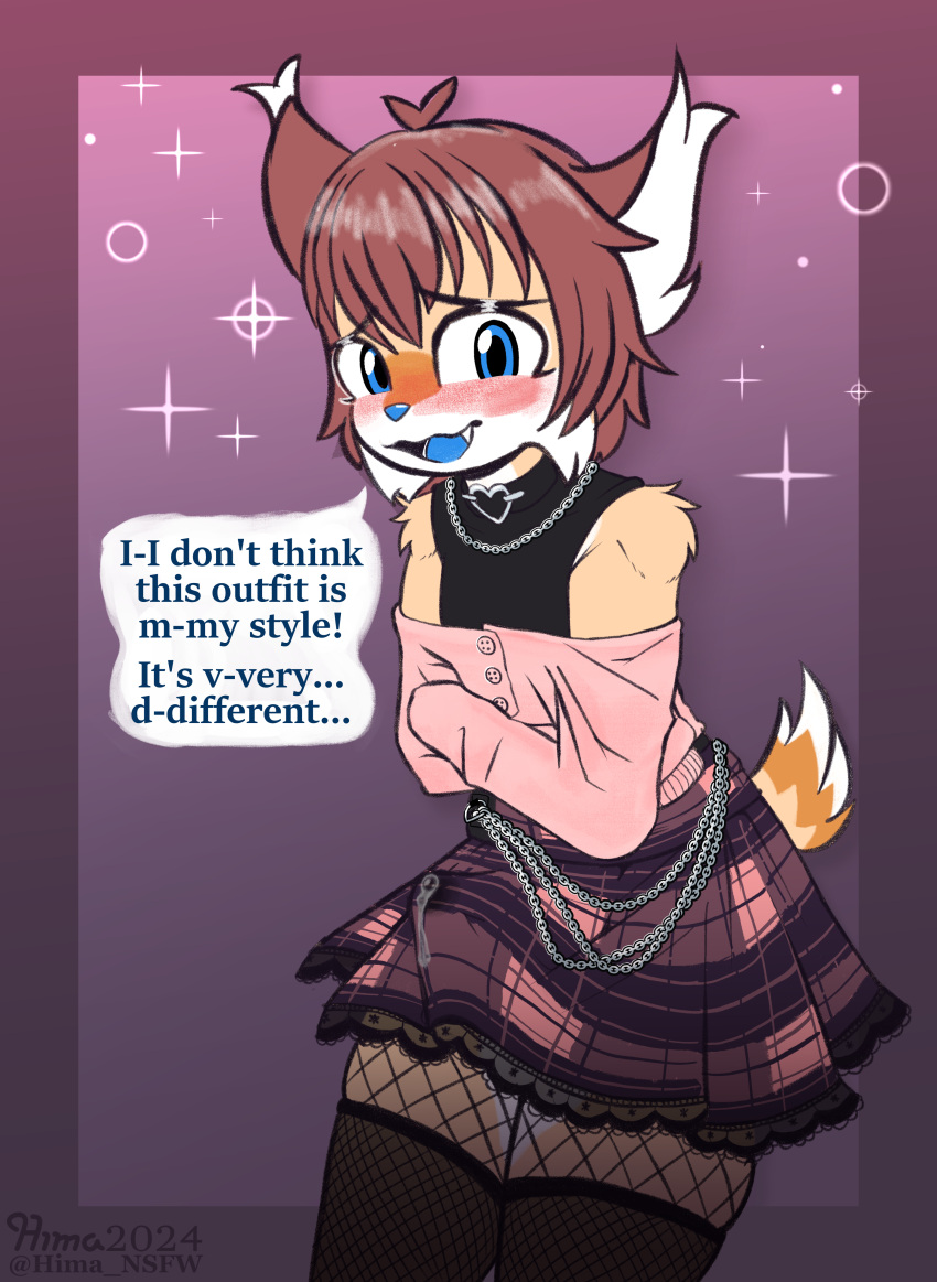 absurd_res ande_(hima_nsfw) anthro blue_eyes blue_nose blush bodily_fluids bottomwear brown_hair bulge canid canine chains choker clothed clothing crossed_arms dialogue embarrassed erection erection_under_clothing felid feline fishnet_socks fox fur genital_fluids hair hi_res hima_nsfw hybrid jewelry lace leaning leaning_forward legwear lynx male mammal necklace orange_body orange_fur pink_clothing pink_sweater pink_topwear precum precum_string precum_through_clothing purple_bottomwear purple_clothing purple_skirt skindentation skirt solo sweater tan_body tan_fur thigh_highs topwear wet wet_clothing white_body white_fur