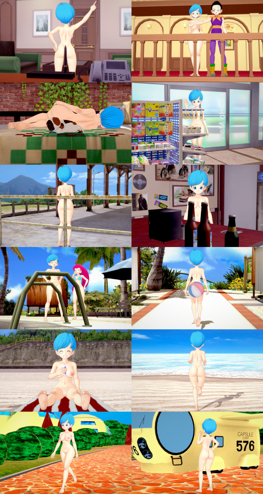 3girls aqua_hair ass barefoot beach beach_ball bed bedroom beer beer_bottle beer_can bikini black_hair blue_bikini breasts bulma_briefs bulma_briefs_(beginnings_of_dragon_ball_z) cat censored_to_uncensored chichi clothed_female_nude_female completely_nude completely_nude_female convenience_store crossover dragon_ball dragon_ball_z female female_only hair_bun jessie_(pokemon) koikatsu long_hair multiple_girls navel nipples nude nude_female nudist outdoor_nudity pokemon pool public_nudity red_hair retropunch short_hair