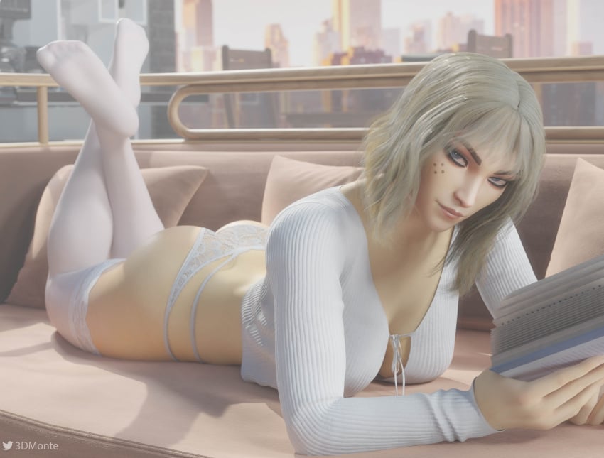 3d 3dmonte blonde_hair blonde_hair_female blue_eyes book deadlock_(valorant) feet_up female_focus lace-trimmed_panties looking_at_viewer no_bra outside panties reading_book relaxing rooftop soles_of_feet_in_socks solo_female stockings teasing valorant white_panties white_stockings white_to white_topwear