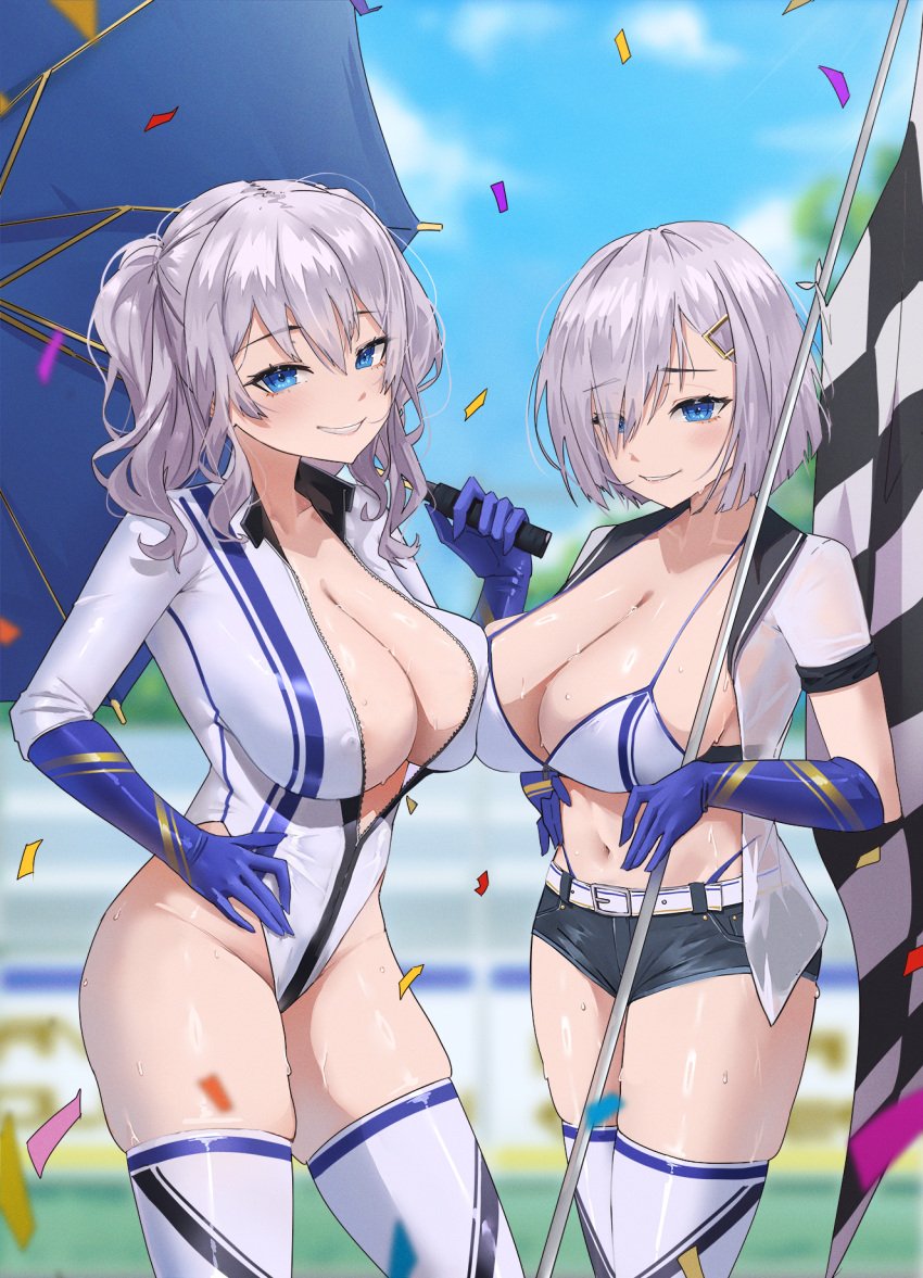 2girls archinoer blue_eyes breasts female hair_over_one_eye hamakaze_(kantai_collection) highleg_leotard huge_breasts kantai_collection kashima_(kantai_collection) leotard light-skinned_female light_skin long_hair naughty_face race_queen short_hair smile thick_thighs twintails white_hair wide_hips