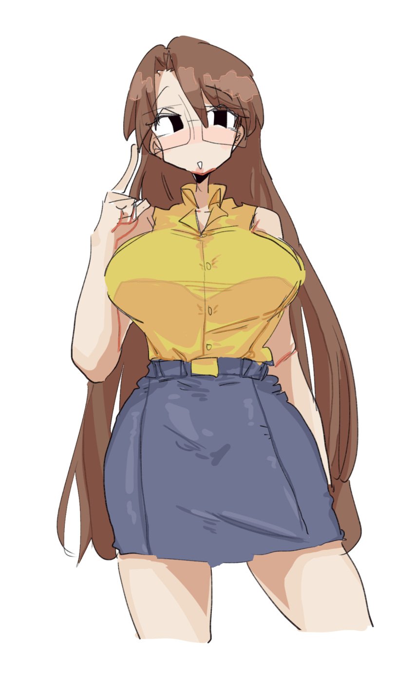 1girls azumanga_daiou bangs bespectacled black_eyes blue_skirt blush blushing breasts brown_hair brunette_hair button_down_shirt button_up_shirt buttoned_shirt collared_shirt female finger_to_face glasses glasses_on_face koyomi_mizuhara large_breasts leebongchun long_hair shoulderless_shirt side_part_hair skirt sleeveless sleeveless_shirt solo straight_hair very_long_hair white_background yellow_shirt yellow_topwear