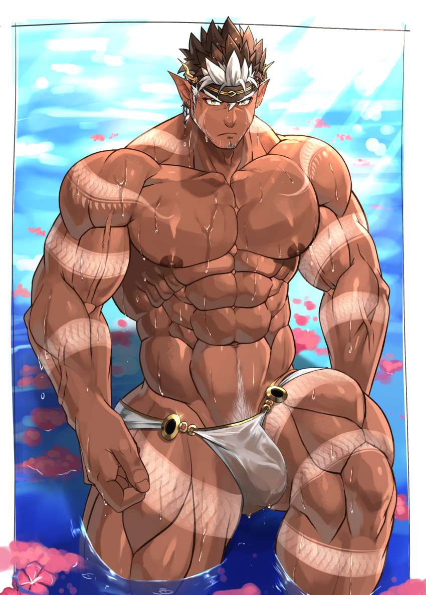 bara bellsaltr bulge male male_nipples male_only muscular_male nipples penis_outline tangaroa tokyo_afterschool_summoners underwear wet