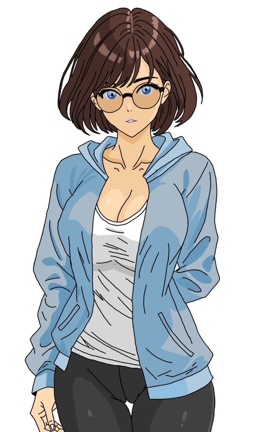 big_ass big_breasts big_breasts big_breasts big_butt big_thighs blue_eyes blue_hoodie bob_cut brown_hair cleavage collarbone glasses hoodie leggings lipstick pink_lipstick pussy shirt short_bob short_hair sunglasses white_shirt