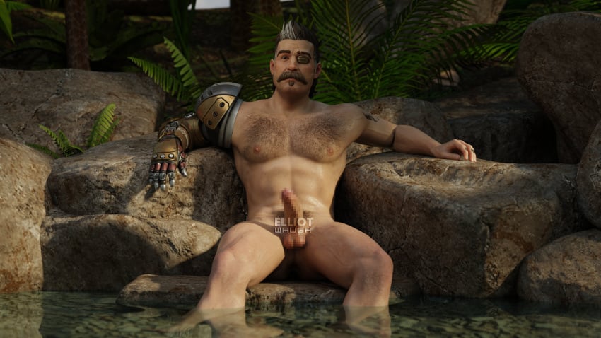 1boy 3d apex_legends azog3d body_hair erection fuse_(apex_legends) lying male_focus male_only muscular nude outdoors penis presenting solo water wet