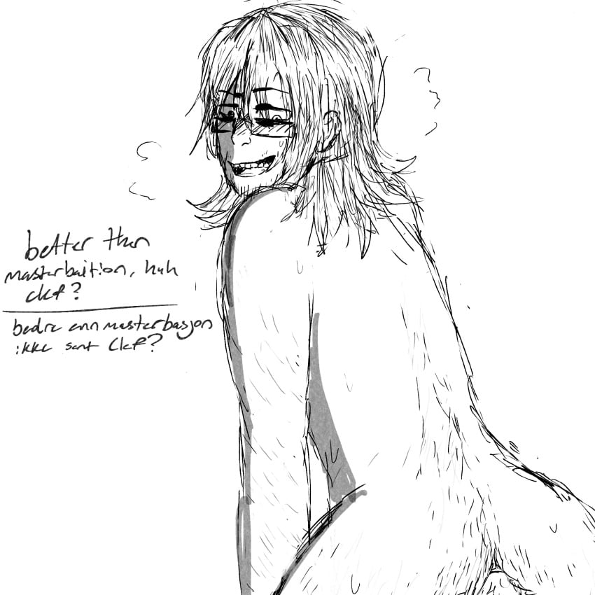 alto_clef anal ass_hair body_hair dialogue english_text facial_hair gay glasses jack_bright male/male male_only monochrome norwegian_text off_screen_male_character scp_foundation smiling_at_partner talking_to_another translated unseen_male_face yaoi