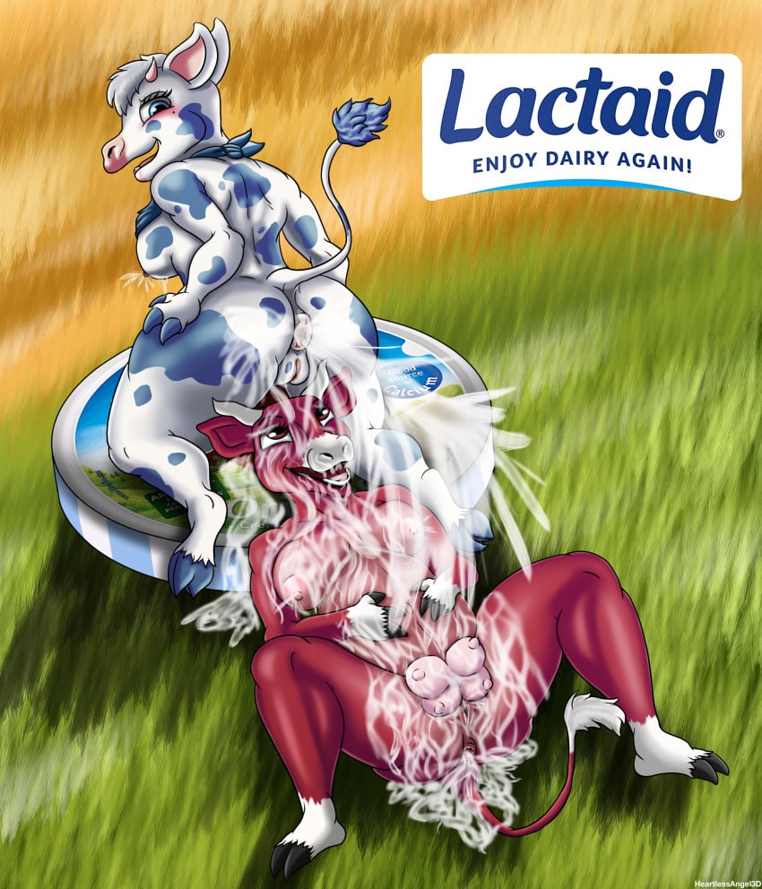 absurd_res anal_expulsion anthro anus ass bandana blue_body blue_fur blush bovid bovine breasts cattle crossover duo enema_expulsion english_text female female/female fur genitals grass group hair hand_on_butt heartlessangel3d hi_res hooves kerchief lactaid lactaid_cow mammal mascot milk milk_enema milk_from_ass outside plant pussy red_body red_fur smile solo teats text the_laughing_cow trio udders white_body white_fur white_hair