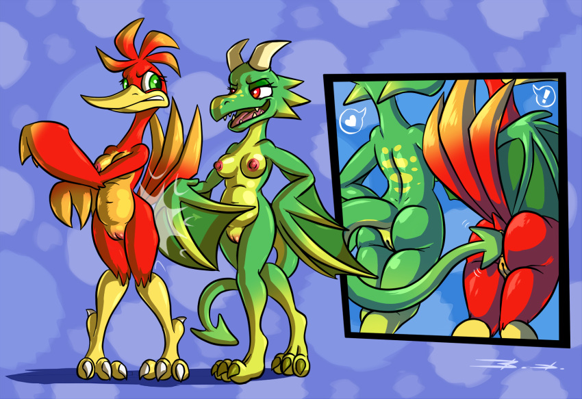 abstract_background alternate_form anal anthro ass avian banjo-kazooie bassybird bird breasts breegull butt_slap dragon dragon_kazooie duo feathers female green_eyes heart hi_res horn kazooie nude penetration pussy rareware red_eyes selfcest sex slap slightly_chubby square_crossover tail_feathers tail_sex vaginal_penetration vaginal_penetration video_games winged_arms wings