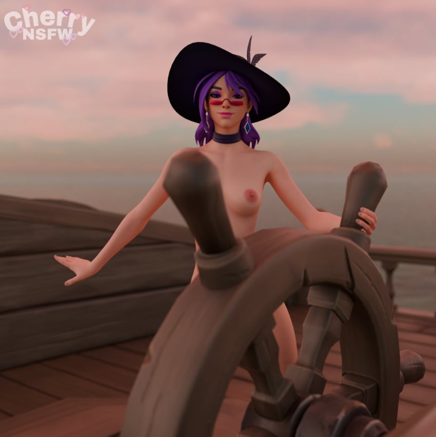 3d 3d_(artwork) cherrynsfw collar earrings epic_games feathers fortnite fortnite:_battle_royale hat looking_over_eyewear looking_over_sunglasses nude_female outdoors purple_hair reverie_(fortnite) ship sunglasses tinted_eyewear