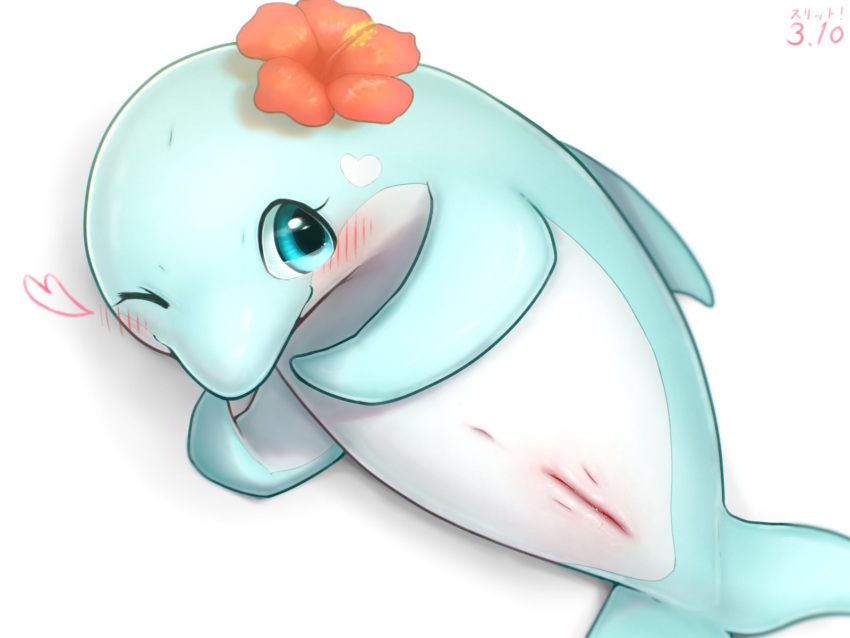 animal_genitalia animal_pussy blowhole blue_body blue_eyes blush bodily_fluids cetacean cetacean_genitalia cetacean_pussy chibi cute depth_of_field dolphin female feral flower_accessory genital_fluids genitals heart_(marking) heart_symbol hi_res k-dra61 mammal mammary_slits marine multicolored_body navel one_eye_closed pussy simple_background smile solo toothed_whale two_tone_body vaginal_fluids white_background white_body wink