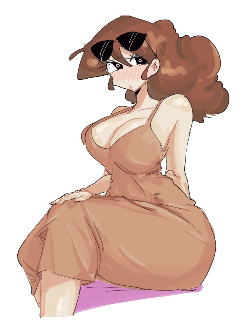 1girls ahoge black_eyes blush blush_lines blushing breasts brown_dress brown_hair brunette_hair cleavage crayon_shin-chan dress female fluffy_hair large_breasts leebongchun mature mature_female milf misae_nohara mother portrait solo sunglasses sunglasses_on_head tight_clothing tight_dress