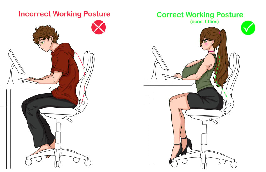 1boy 1girls big_breasts breast_expansion brown_hair cleavage clothing correct_gaming_posture_(meme) gender_transformation green_eyes high_heels huge_breasts oggemyman pencil_skirt ponytail sequence sitting transformation wavy_hair