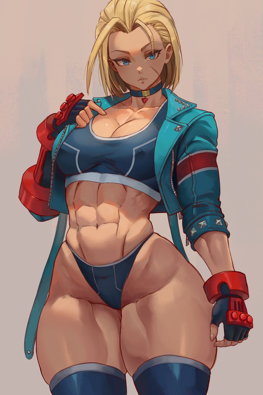 1girls abs blonde_hair blue_eyes breasts cammy_white capcom cleavage female hi_res huge_breasts lesottart light-skinned_female midriff short_hair street_fighter street_fighter_6 thick_thighs toned wide_hips