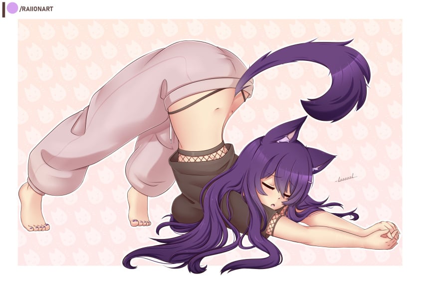 ass_up barefoot bending_forward bending_over bent_over big_breasts big_stretch breast_squeeze breast_squish closed_eyes doki_doki_literature_club feet fishnet furry_ears furry_tail leaning_forward long_hair purple_hair raionart slim_waist teenager wide_hips yuri_(doki_doki_literature_club)