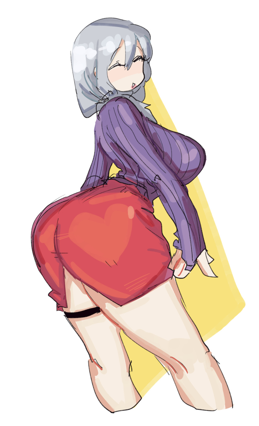 1girls bangs breasts female garter_straps hair_between_eyes large_breasts leebongchun leg_strap long_sleeves low_ponytail mature mature_female milf mother ponytail purple_sweater red_skirt side_view skirt sleeves solo sweater triangle_mouth uzaki-chan_wa_asobitai! uzaki_tsuki white_hair