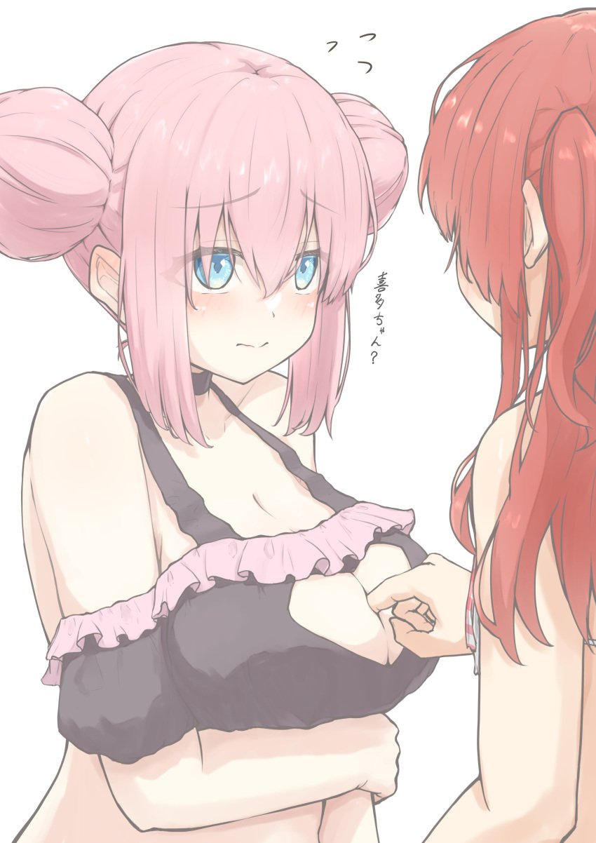 2girls big_breasts blue_eyes blush bocchi_the_rock! breast_poke breasts busty cleavage cleavage_cutout cute double_bun female female_only finger_between_breasts gotou_hitori hair_bun hair_buns kita_ikuyo large_breasts pink_hair poking poking_breasts red_hair shy teenager young yuri