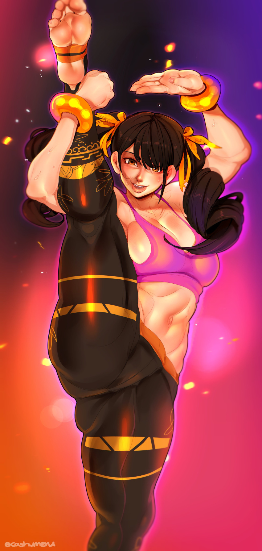 1girls ass barefoot big_ass big_butt big_penis black_hair butt cashumeru feet female female_only leg_up ling_xiaoyu looking_at_viewer namco navel open_mouth orange_eyes sideboob soles solo solo_female solo_focus stirrup_legwear stretching tekken tekken_tag_tournament_2 thick_thighs thighs toes twintails yoga yoga_pants