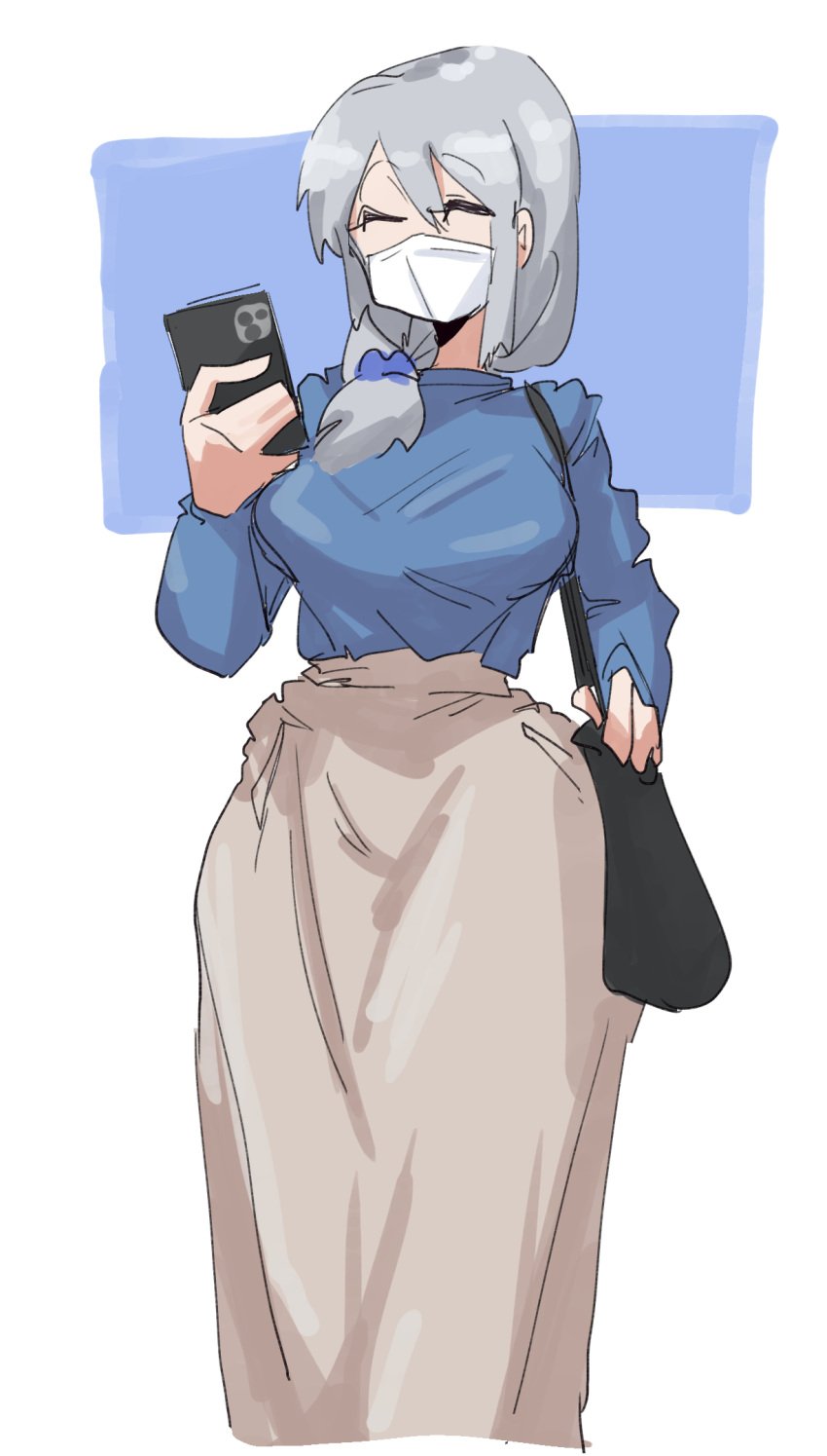 1girls blue_hair_tie blue_shirt blue_topwear breasts brown_skirt closed_eyes face_mask facemask female large_breasts leebongchun long_skirt long_sleeves low_ponytail mature mature_female milf mother phone ponytail purse shoulder_bag sleeves slit_eyes solo uzaki-chan_wa_asobitai! uzaki_tsuki white_hair